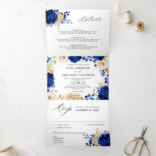 Königsblau Gelb Gold Metallisch Florale Hochzeit Dreifach Gefaltete Ankündigung