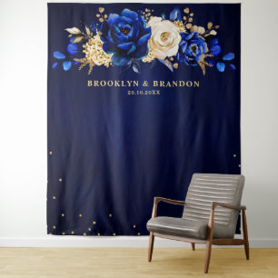 Königsblau Gold Metallische Florale Hochzeitsteppi Wandteppich