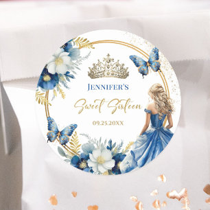 Königsblau Gold Prinzessin Tiara Floral Sweet 16 Runder Aufkleber