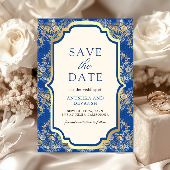 Königsblau Goldene Spitze Indische Hochzeit Save The Date (Von Creator hochgeladen)