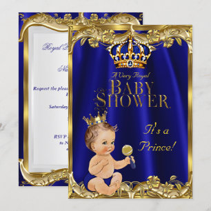 Königsblau Navy Gold Prinz Baby Shower Brünette Einladung