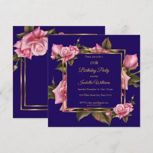 Königsblau rosa Rose floral Gold Geburtstagsfeier Einladung