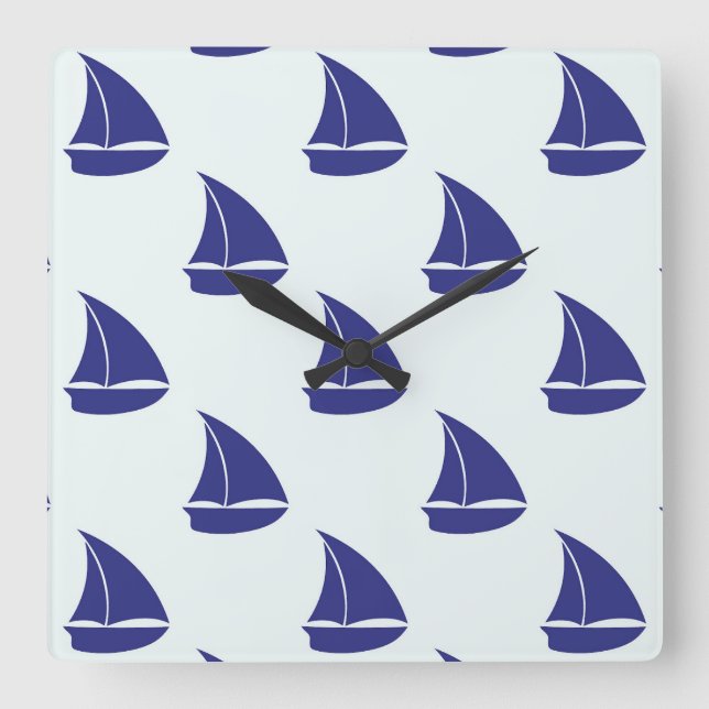Königsblau-Segelboot-Muster Quadratische Wanduhr (Vorderseite)