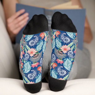 Königsblau Türkis Orange Floral Vintage Paisley Socken