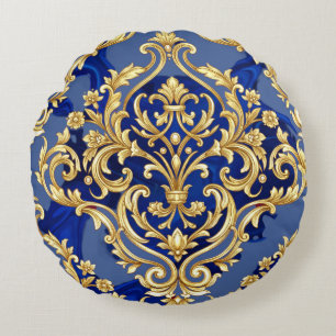 Königsblau und Gold Barock Damastmuster Rundes Kissen
