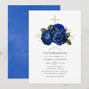 Königsblau und Gold Blumen Konfirmation Einladung