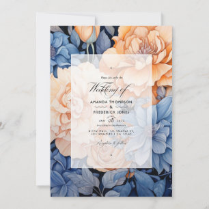 Königsblau und Pfirsich und Graue Blumige Hochzeit Einladung