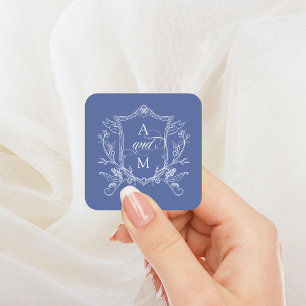 Königsblau Vintage Crest Hochzeit Quadratischer Aufkleber