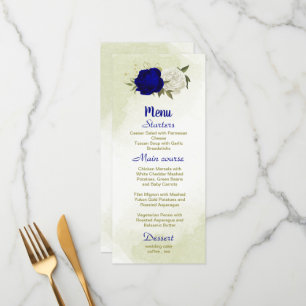 Königsblau, weiße Blume, grüne Blätter Hochzeit Menükarte
