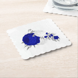 königsblau & weiße Blumen Silber Untersetzer