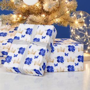 Königsblaue Blumen und goldene Kronen Geschenkpapier
