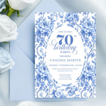 Königsblaue Floral-Toile-Einladung zum 70. Geburts