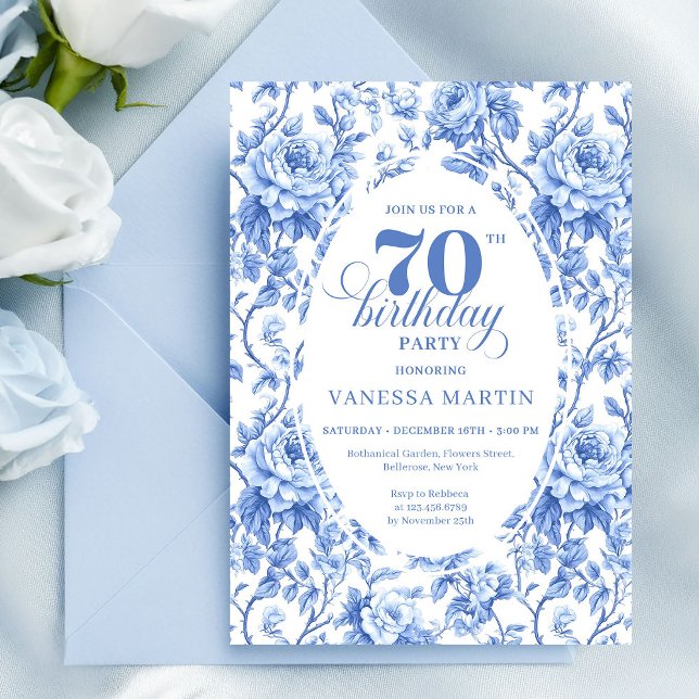 Königsblaue Floral-Toile-Einladung zum 70. Geburts Einladung (Royal Blue Floral 70th Birthday Invitation)