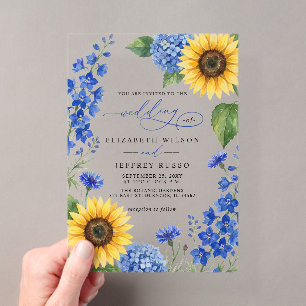 Königsblaue florale Sonnenblumen moderne Hochzeit Acryleinladungen