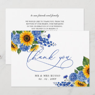 Königsblaue florale Sonnenblumen moderne Hochzeit Dankeskarte