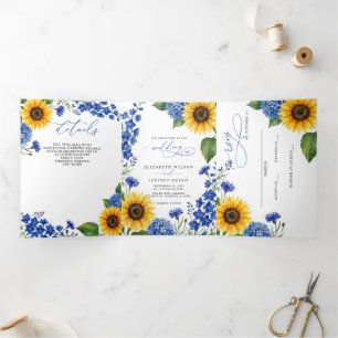 Königsblaue florale Sonnenblumen moderne Hochzeit Dreifach Gefaltete Einladung