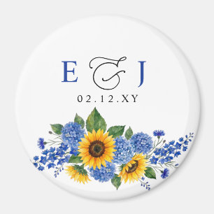 Königsblaue florale Sonnenblumen Moderne Hochzeit Magnet