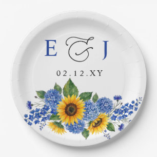 Königsblaue florale Sonnenblumen Moderne Hochzeit Pappteller