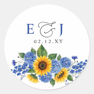 Königsblaue florale Sonnenblumen Moderne Hochzeit Runder Aufkleber