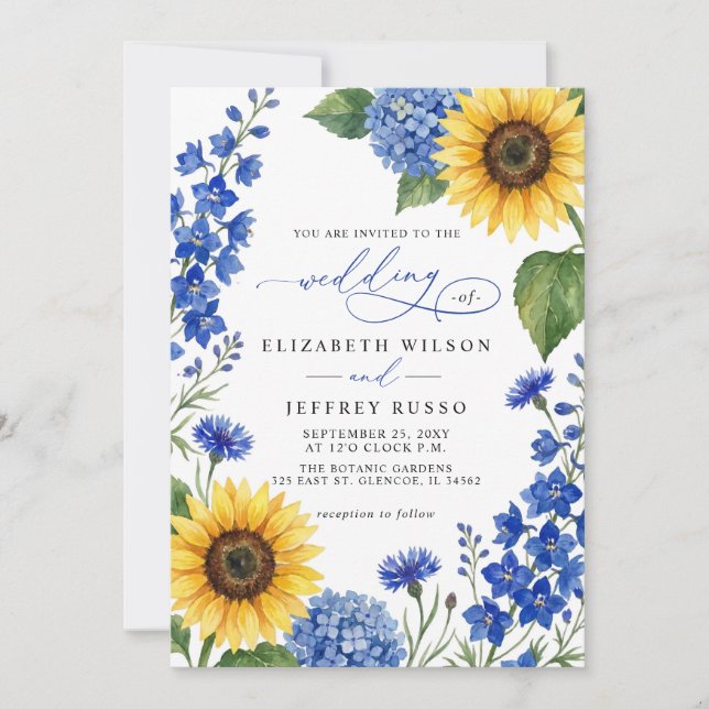 Königsblaue florale Sonnenblumen QR-Code-Hochzeit Einladung (Vorderseite)