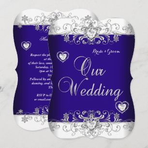 Königsblaue Hochzeit Silber Diamant Herzen b Einladung