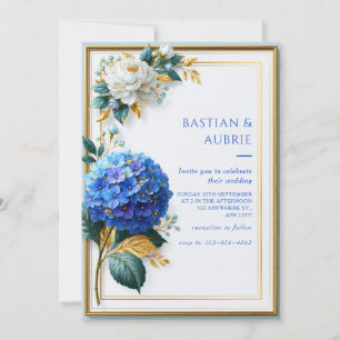 Königsblaue Hortensien-Hochzeit mit vergoldetem Ra Einladung