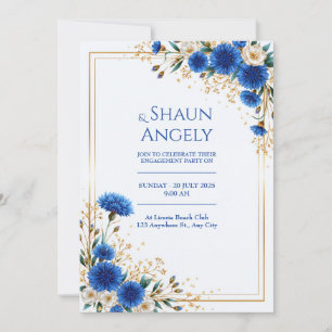 Königsblaue Kornblumen-Goldrahmen-Hochzeit Einladung