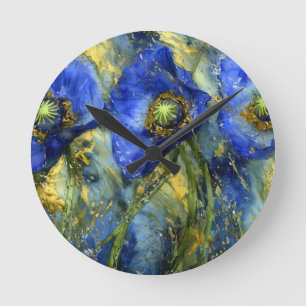 Königsblaue Mohnblumen in goldenem Strudel Runde Wanduhr