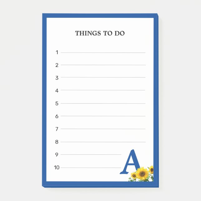 Königsblaue Monogramm- & Sonnenblumen-To-Do-Liste Post-it Klebezettel (Vorderseite)