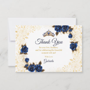 Königsblaue Quinceañera Goldene Tiara Rosen Floral Dankeskarte