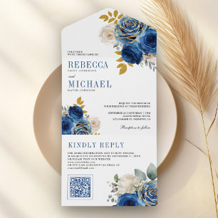 Königsblaue Rosen Floral QR Code Hochzeit All In One Einladung