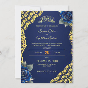 Königsblaue Rosen Goldene Spitze QR-Code Hochzeit  Einladung