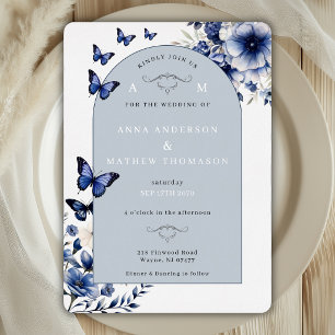 Königsblaue silberne Blumen Schmetterling Hochzeit Folieneinladung