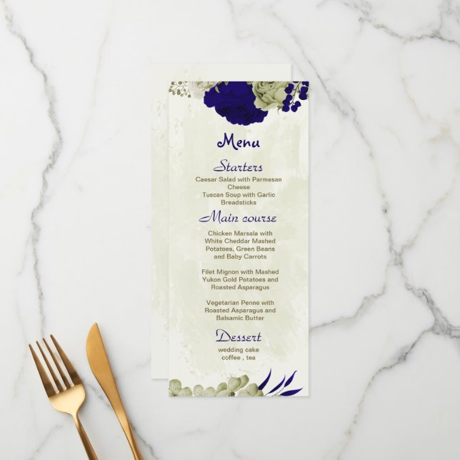 königsblaue und beige Blume botanische Hochzeit Menükarte (Vorderseite/Rückseite Beispiel)
