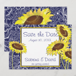 Königsblaue und gelbe Sonnenblumen Save the Date Einladung