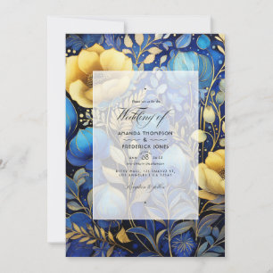 Königsblaue und goldene florale Hochzeit Einladung