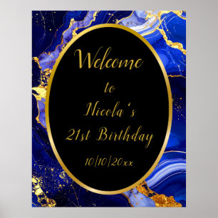 Königsblaue und goldene Marmor-Achat-Geburtstagsfe Poster