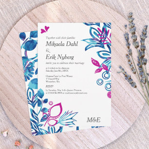 Königsblaue und rosa florale Hochzeit Einladung