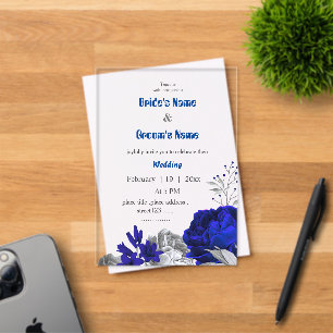 Königsblaue und silberne Blume botanische Hochzeit Acryleinladungen