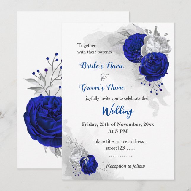 Königsblaue und silberne Blume botanische Hochzeit Einladung (Vorne/Hinten)