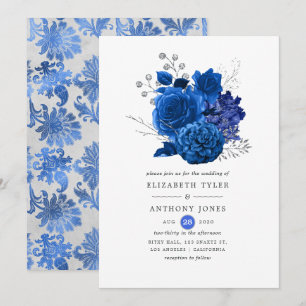 Königsblaue und silberne florale Hochzeit Einladung