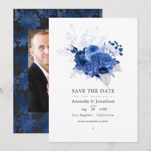 Königsblaue und silberne florale Hochzeitsfotos Save The Date