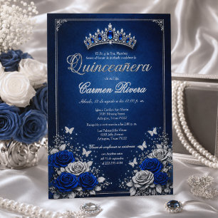 Königsblaue und silberne spanische Quinceañera-Kro Einladung