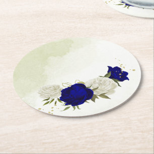 königsblaue und weiße Blumen Hochzeit Runder Pappuntersetzer