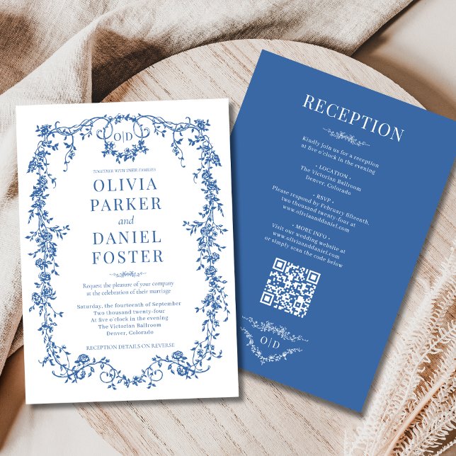 Königsblaue viktorianische Hochzeit mit QR-Code in Einladung (Von Creator hochgeladen)