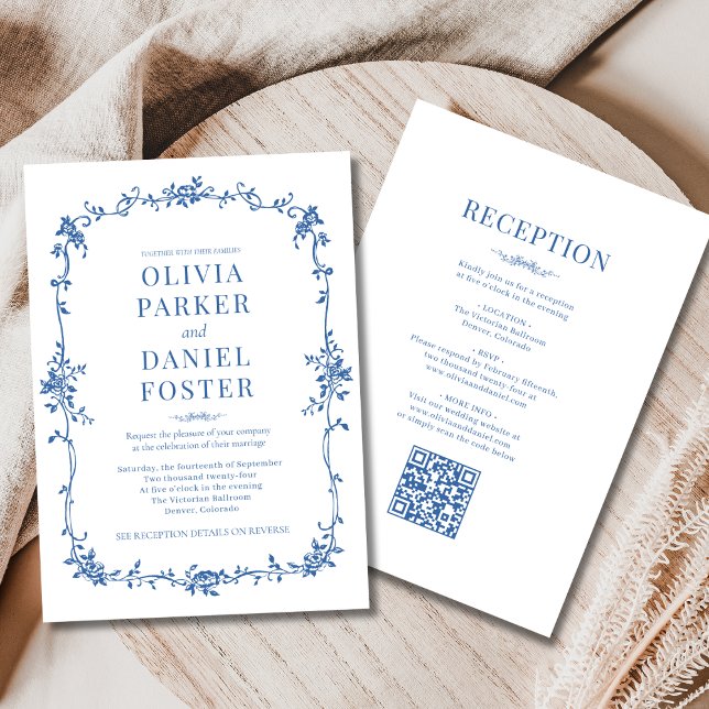 Königsblaue viktorianische QR-Code-Hochzeit Alles  Einladung (Von Creator hochgeladen)