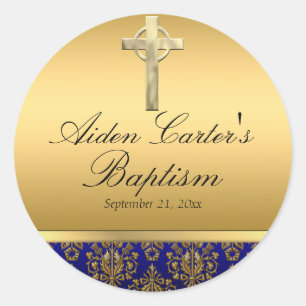 Königsblauer Damast & Taufaufkleber mit Kreuz Runder Aufkleber