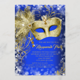 Königsblauer Gold-Glitter-Maskenball Einladung