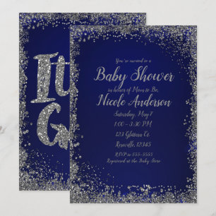 Königsblauer Silber Glitter Glam Moderner Babyshow Einladung