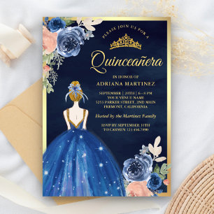 Königsblaues Blumenkleid Marine Gold Quinceanera Einladung